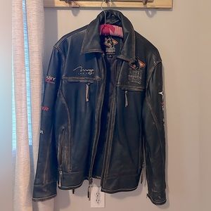 XL dark brown distressed Rodeo Vegas Leather Jacket with embroidery.